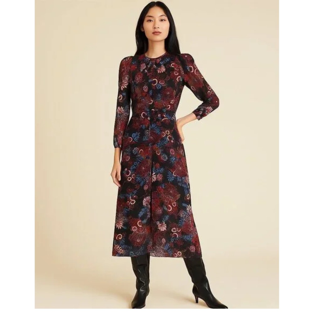 Veronica Beard Floral Ruched Silk Blend Midi Dress Black Red Blue Size 4